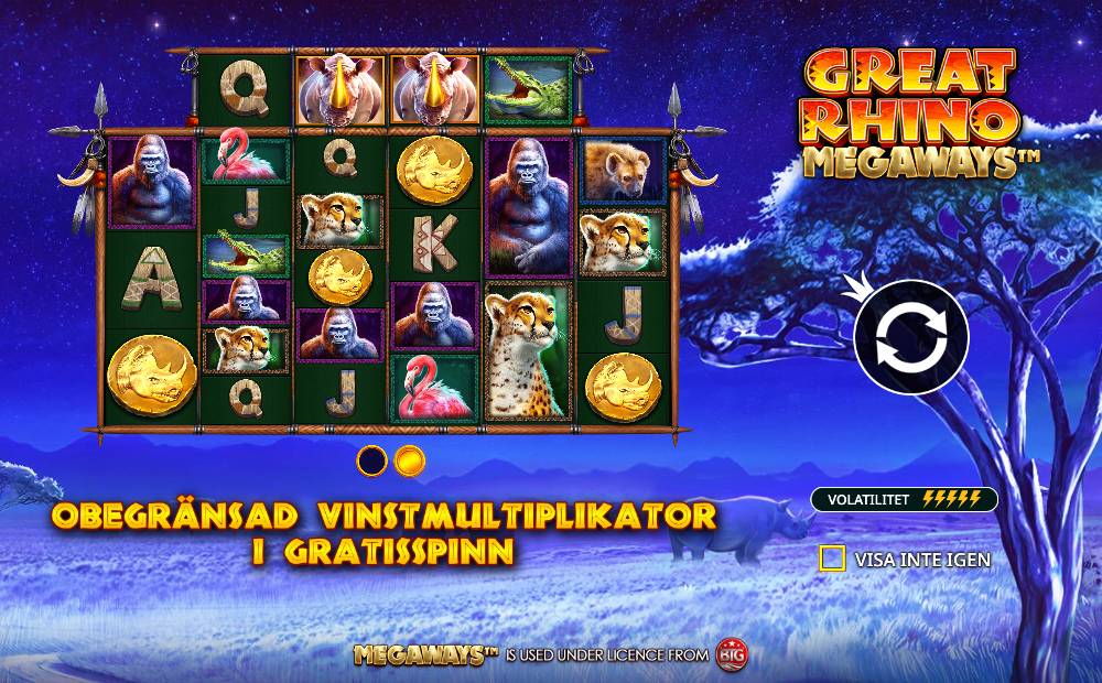 Skärmbild från Great Rhino Megaways slot demo hos Game-Game